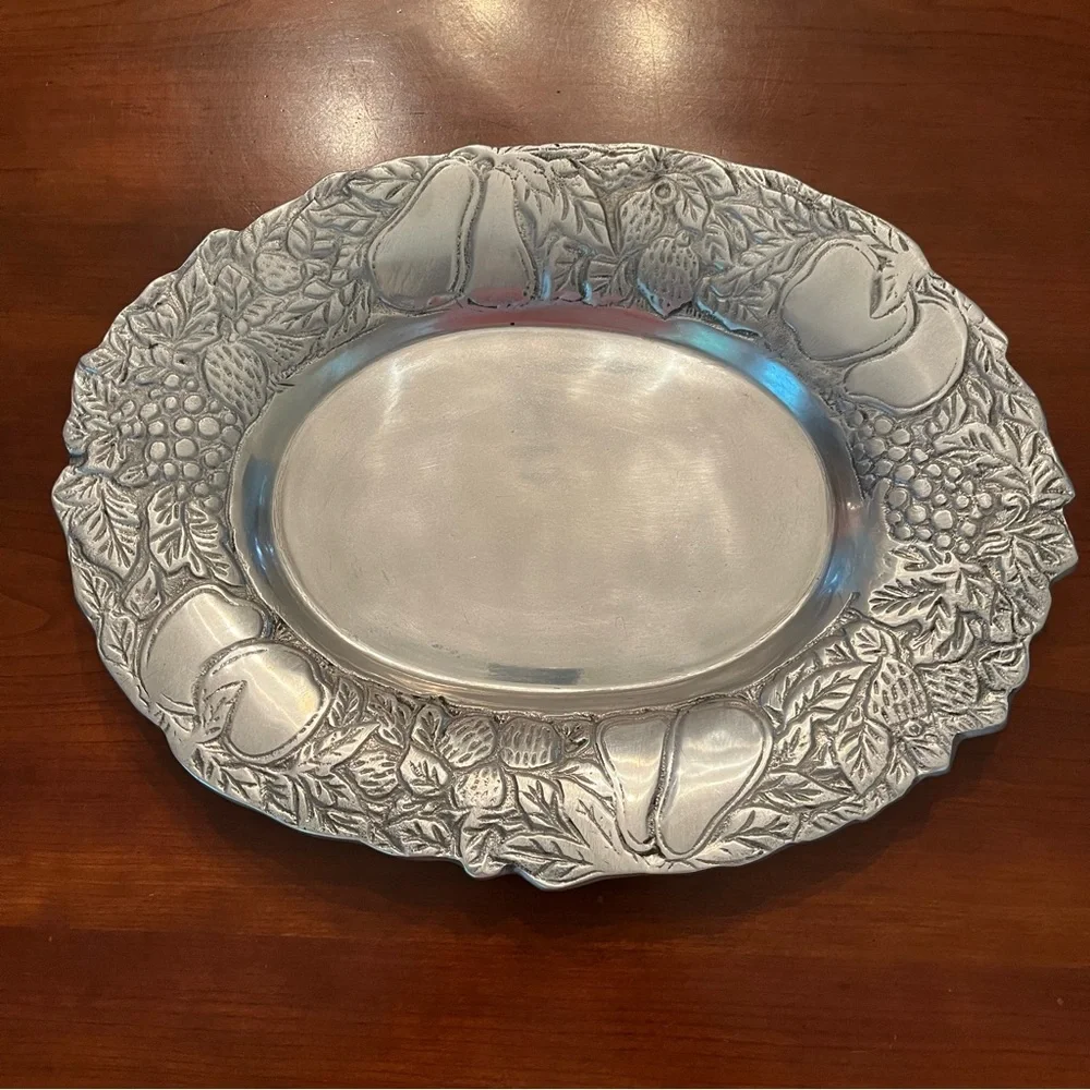 Vintage Silver Toned Serving Platter Oval with Embossed Fruit and leaves